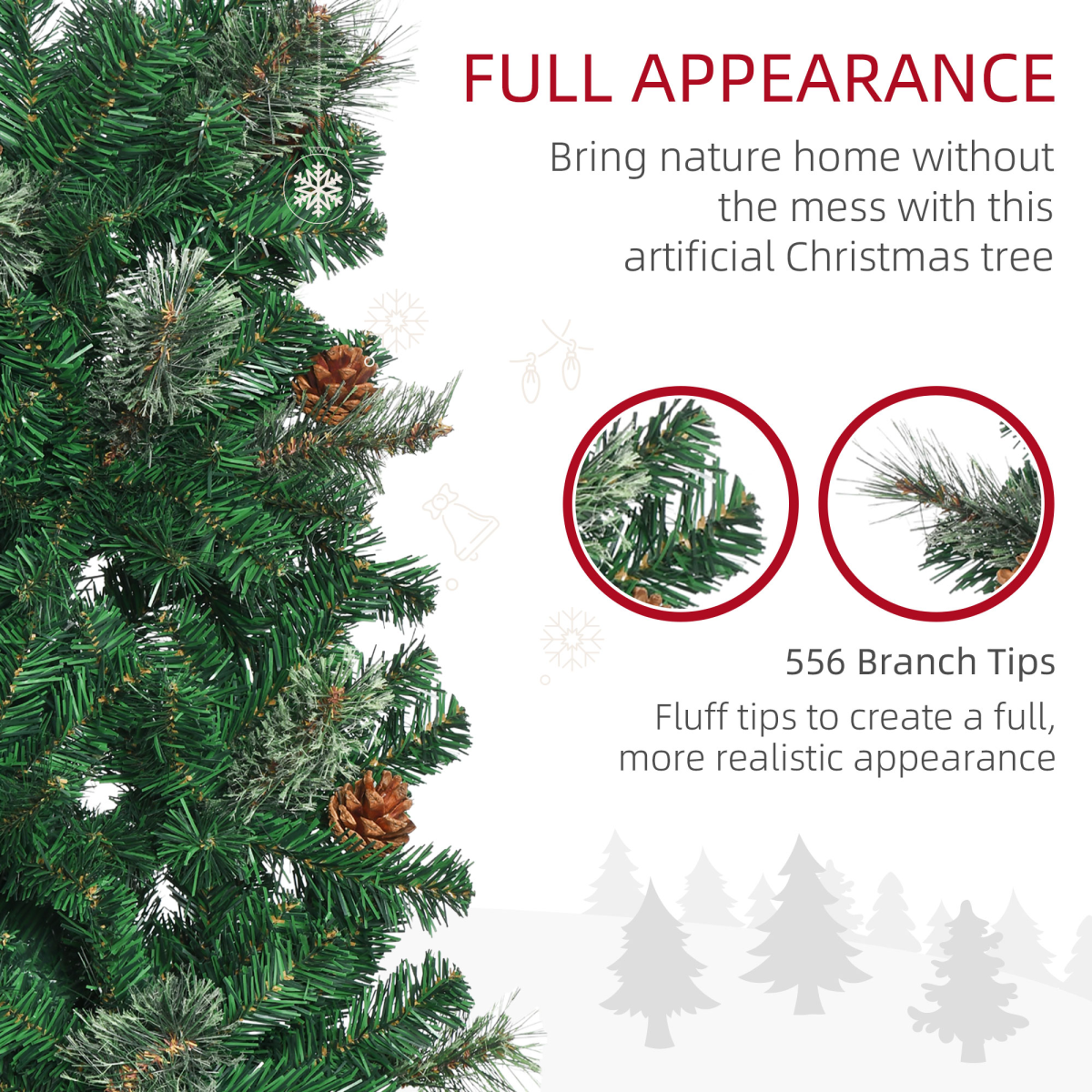 6.5ft Slim Artificial Christmas Tree with Pine Cones - Space-Saving Decor