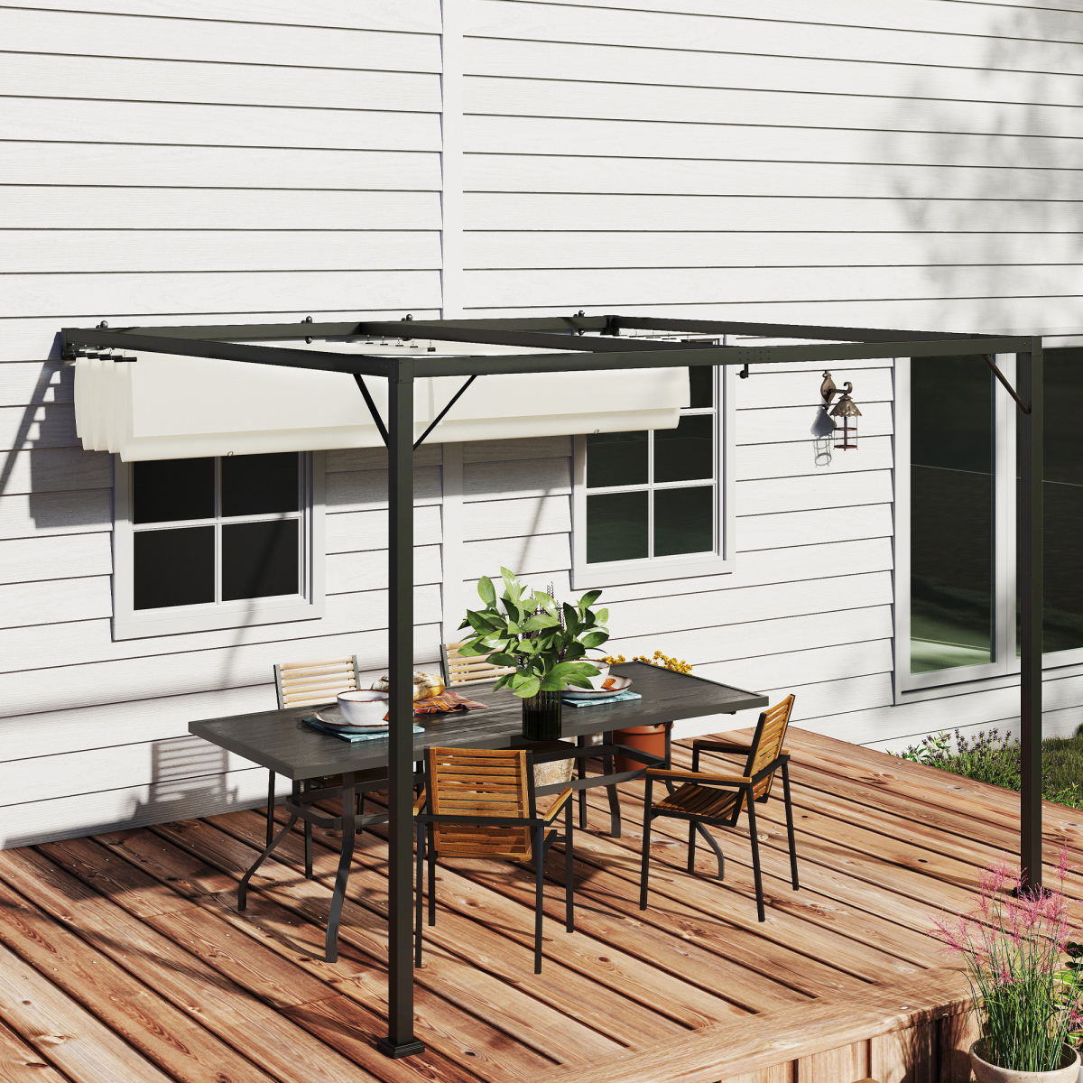 3x3m Wall-Mounted Pergola with Retractable Canopy - Cream Shade Master