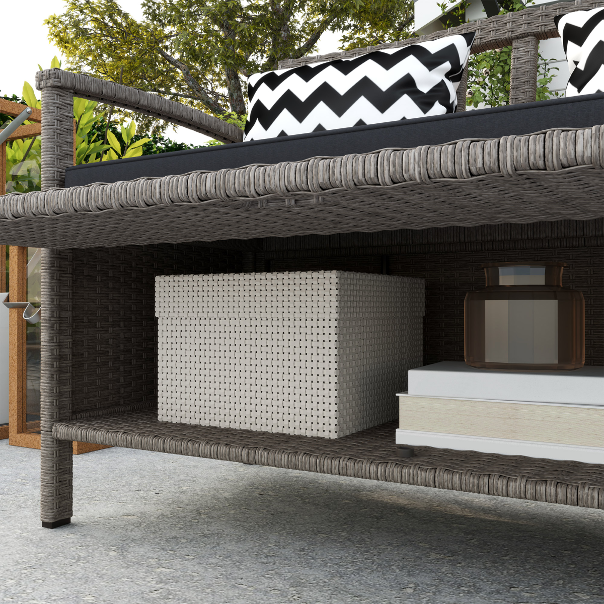 160L Rattan Garden Storage Bench with Cushioned Seat – Grey