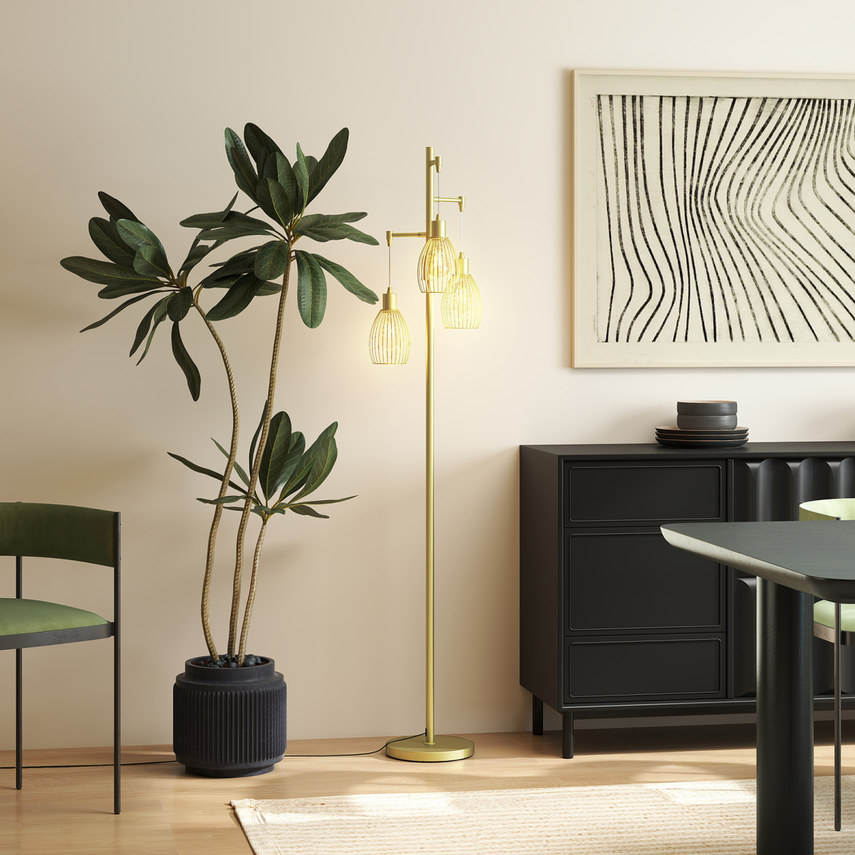 Industrial Chic: 3-Light Dimmable Floor Lamp in Elegant Gold Finish