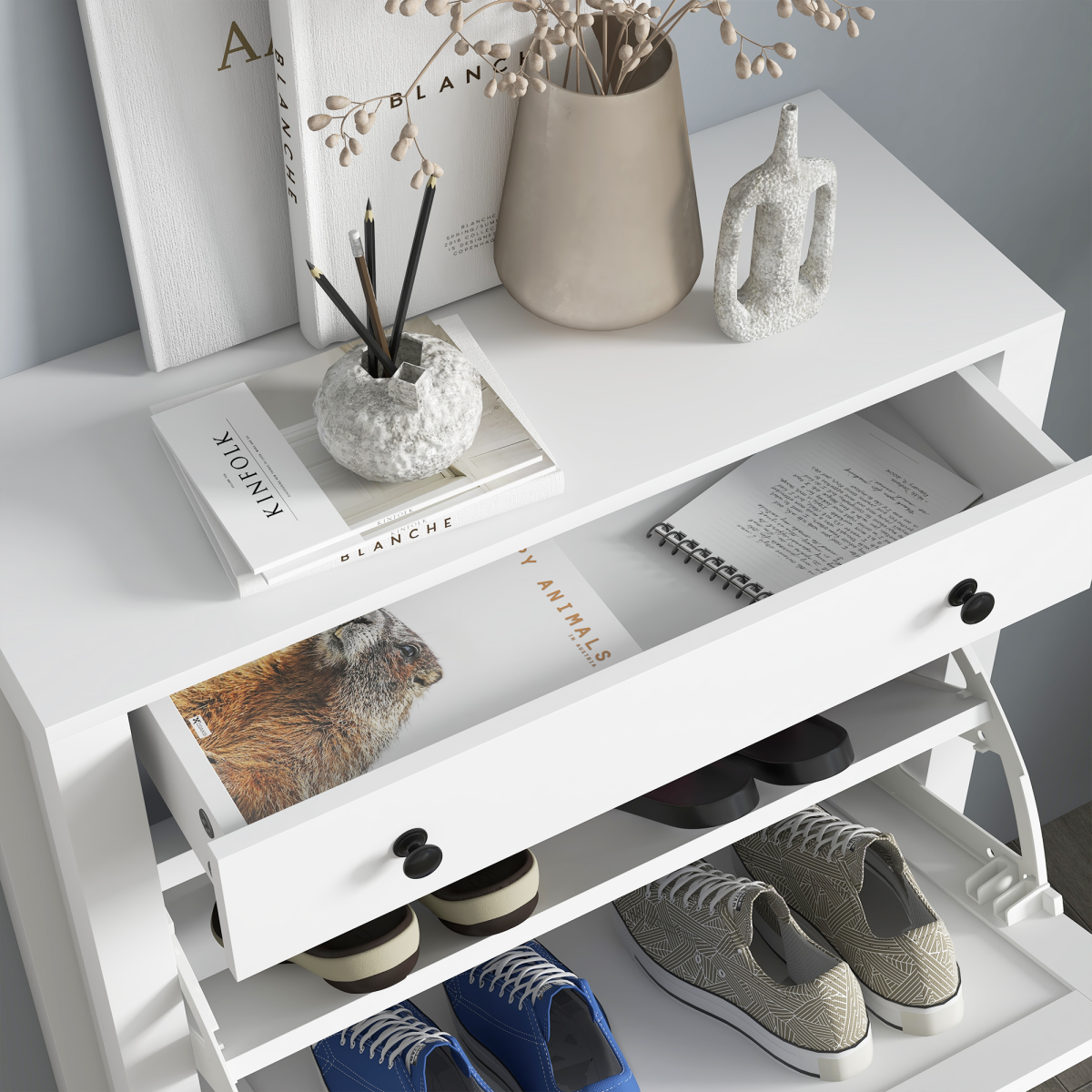 Slim White Shoe Cabinet with 2 Flip Drawers & Storage Top