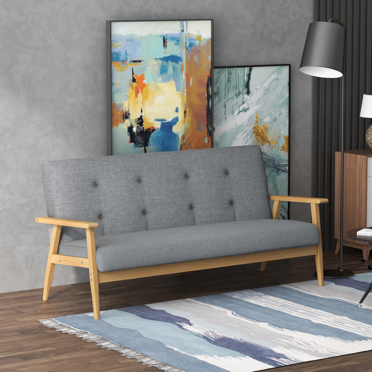Dark Grey 3-Seater Sofa with Button-Tufted Back in Linen
