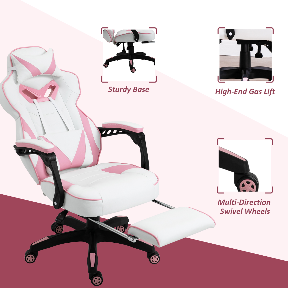 Ergonomic Gaming Chair with Wheels & Manual Footrest, Pink Faux Leather