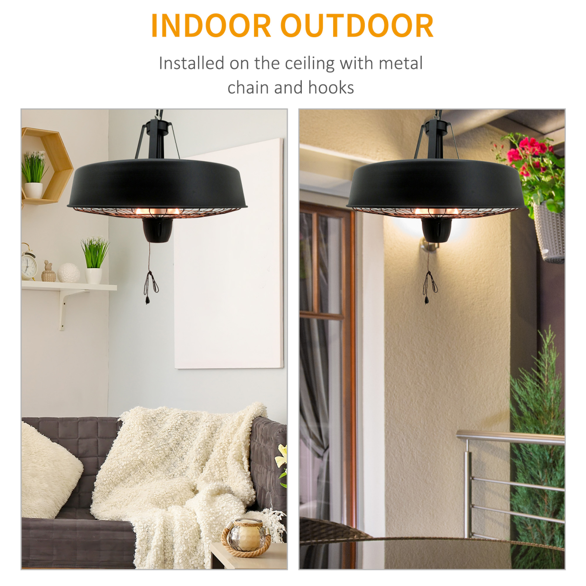 Versatile Hanging Infrared Heater: 1000/2500W Halogen Light for Year-Round Comfort