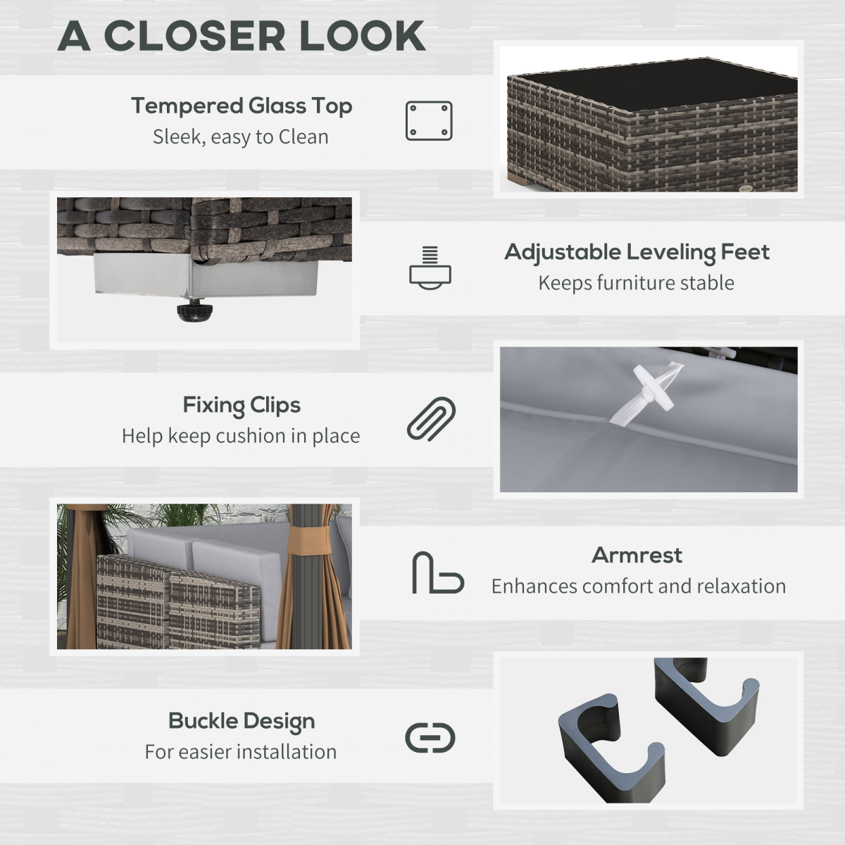 7-Piece Grey Rattan Garden Set with Buckle Frame & Glass Table