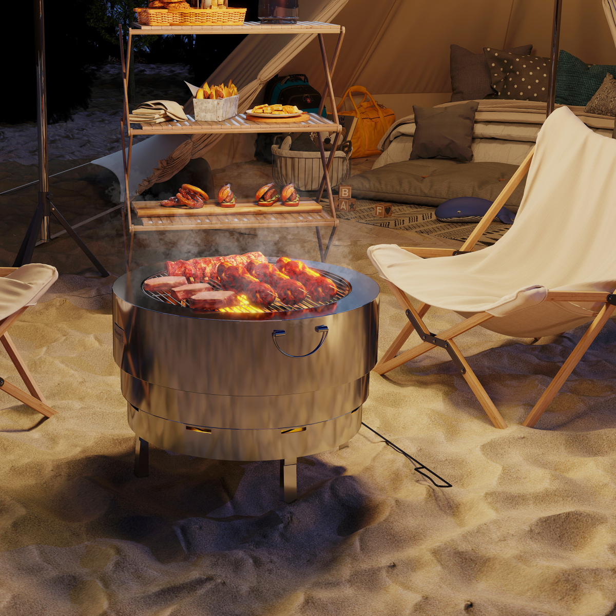 Portable Round Fire Pit & Grill - Stainless Steel with Poker Included