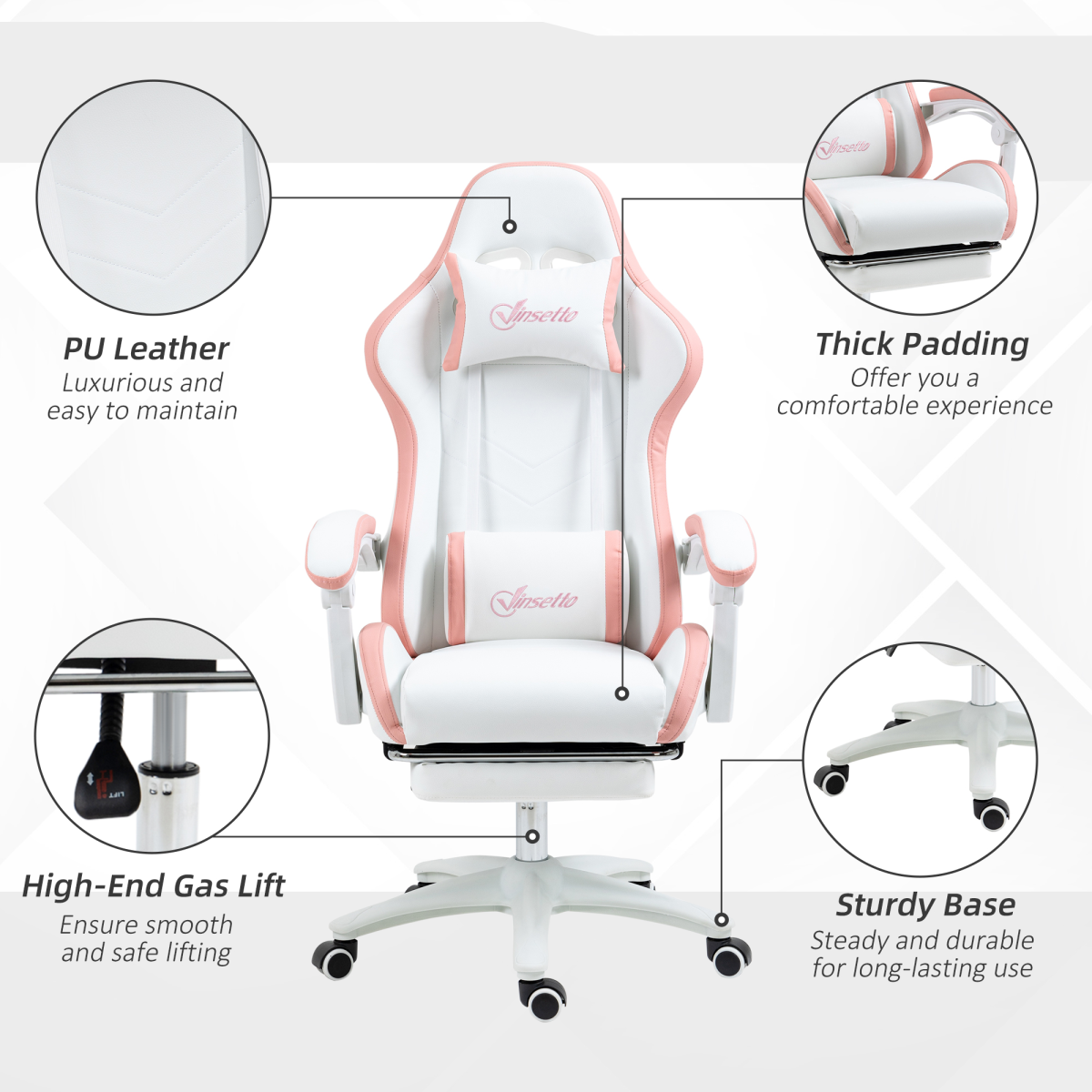 Vinsetto Pink Racing-Style Gaming Chair with Reclining Back and Footrest
