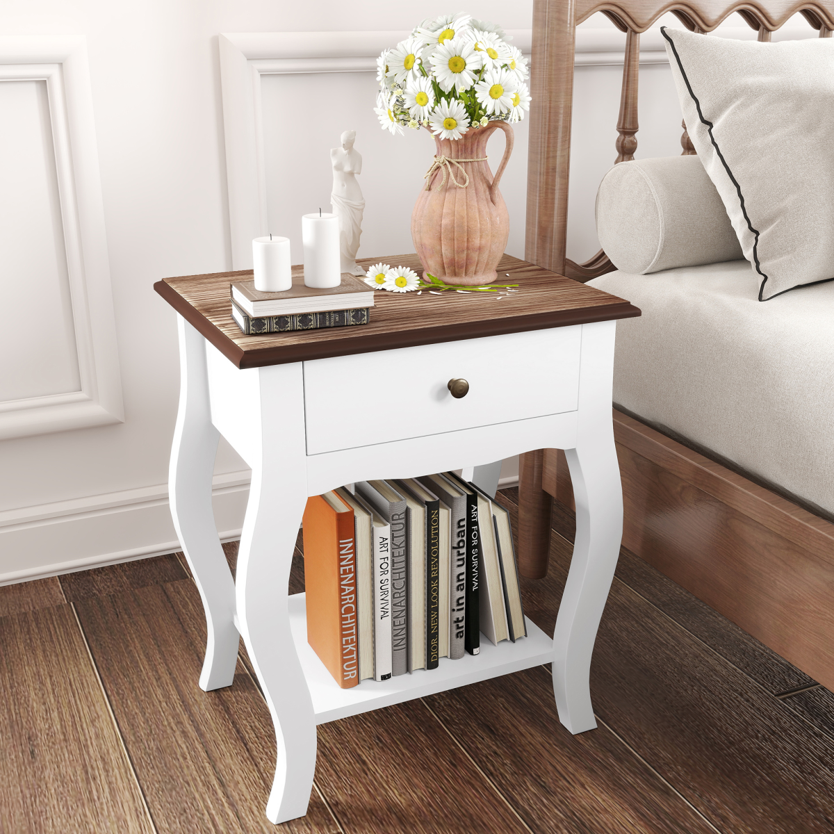 Elegant Bedside Tables Set of 2 - White with Drawer & Shelf