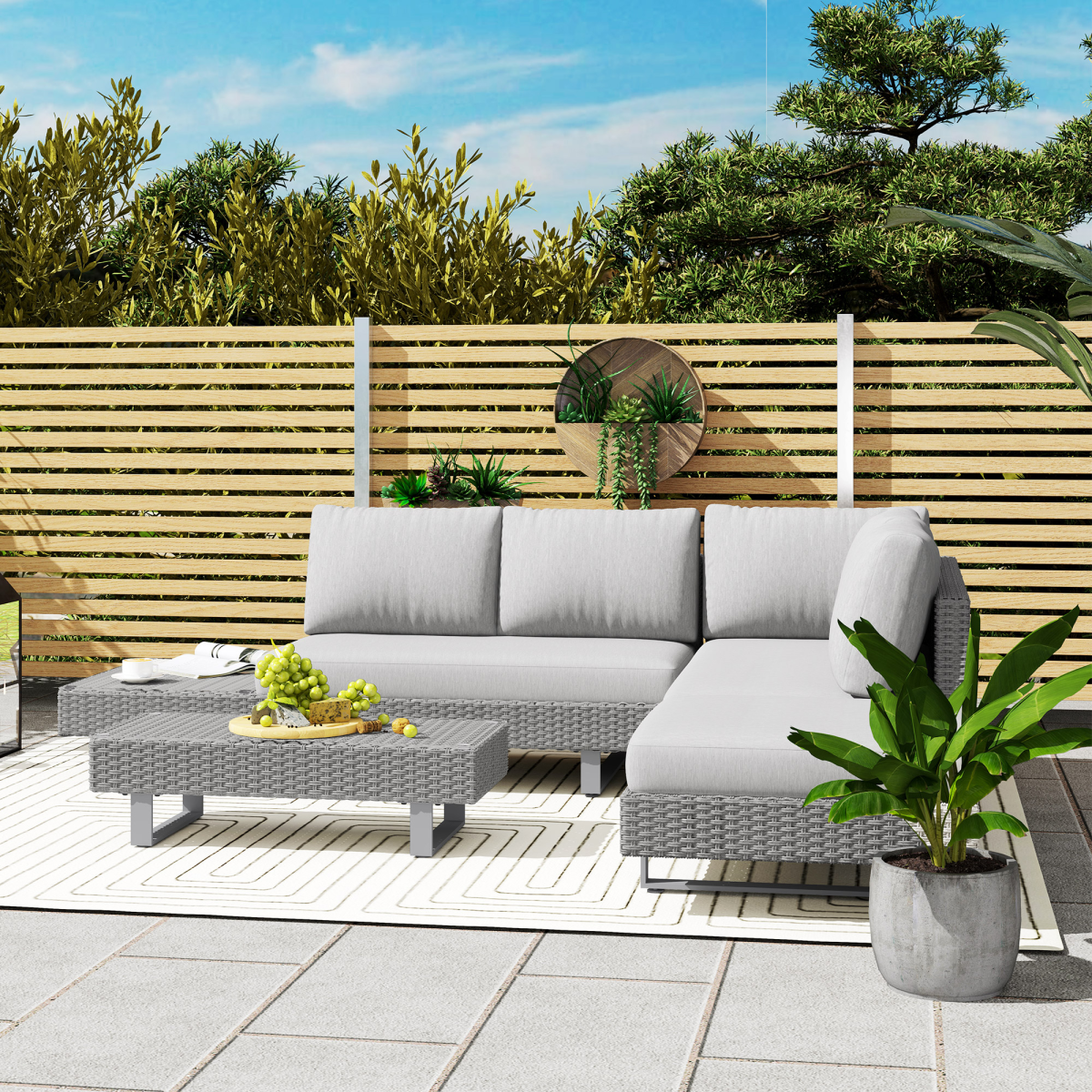 3-Piece Rattan Sofa Set with Tea Table & Cushions, Light Grey