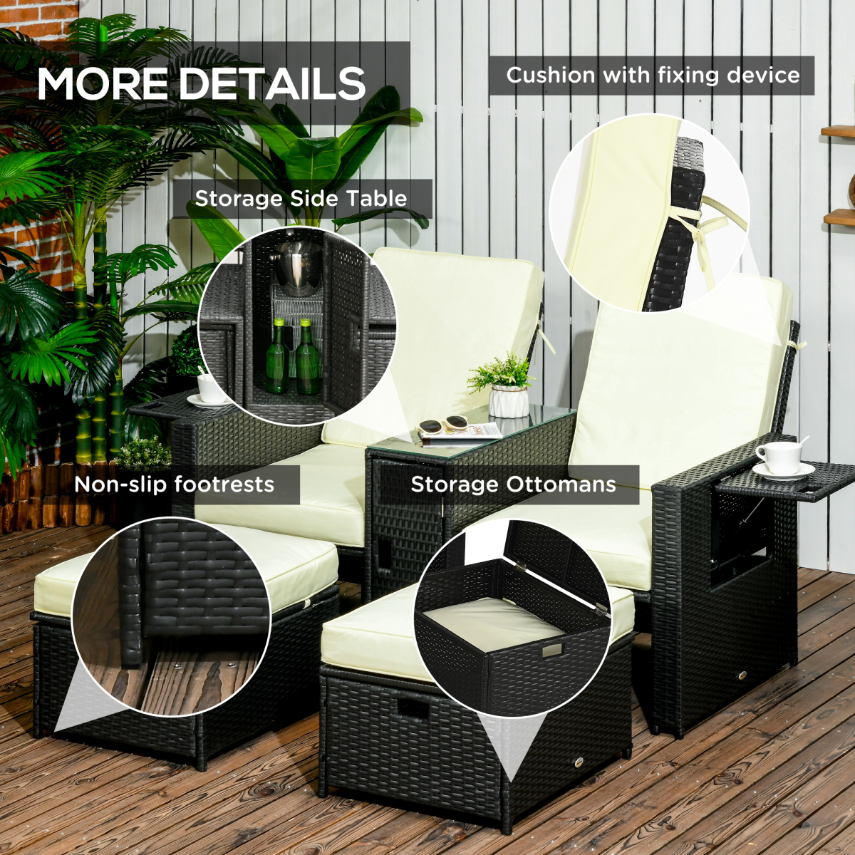 5-Level Adjustable Rattan Sun Lounger with Storage Table & Footstools - Black