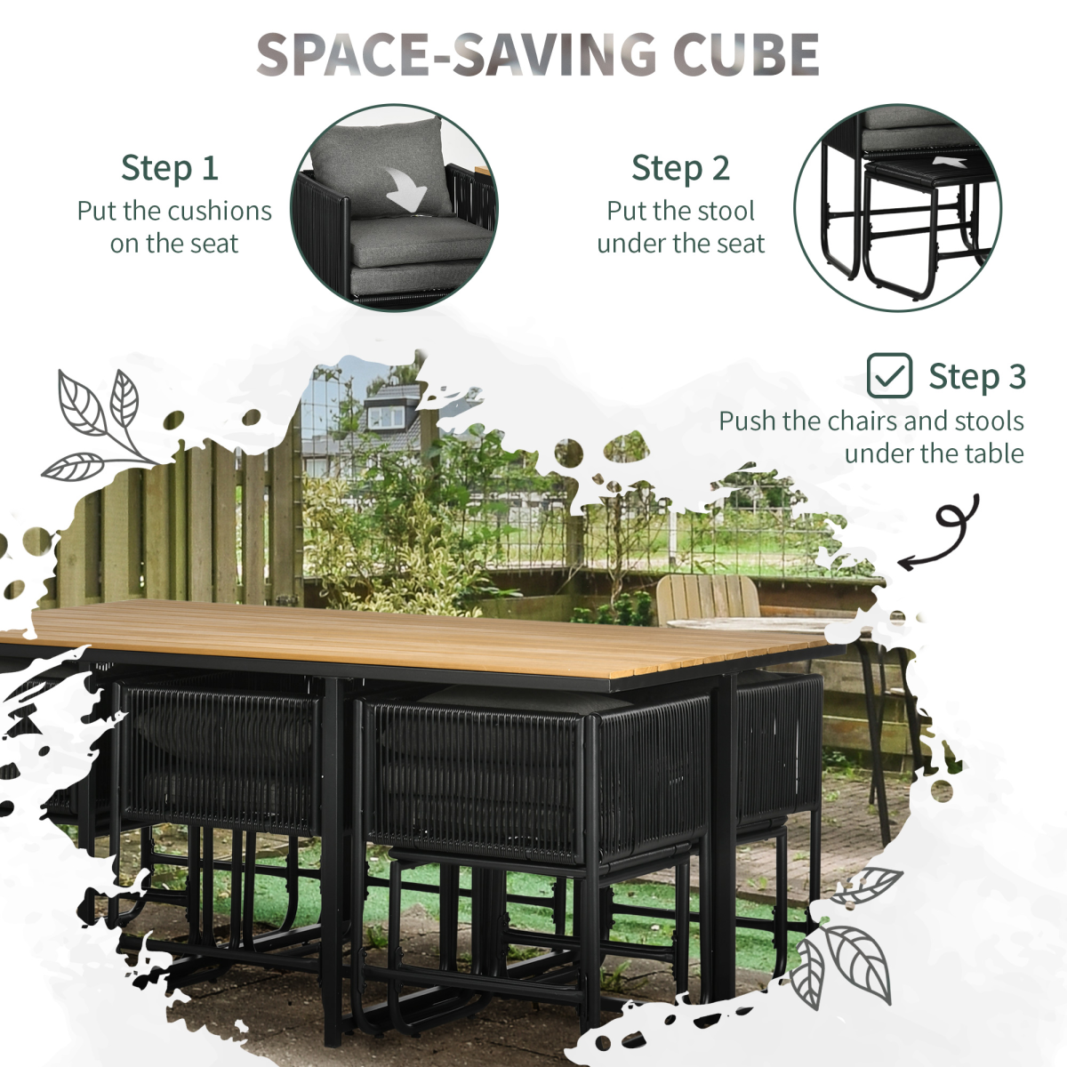 11-Piece Rattan Dining Set for 10 | Space-Saving Table & Chairs