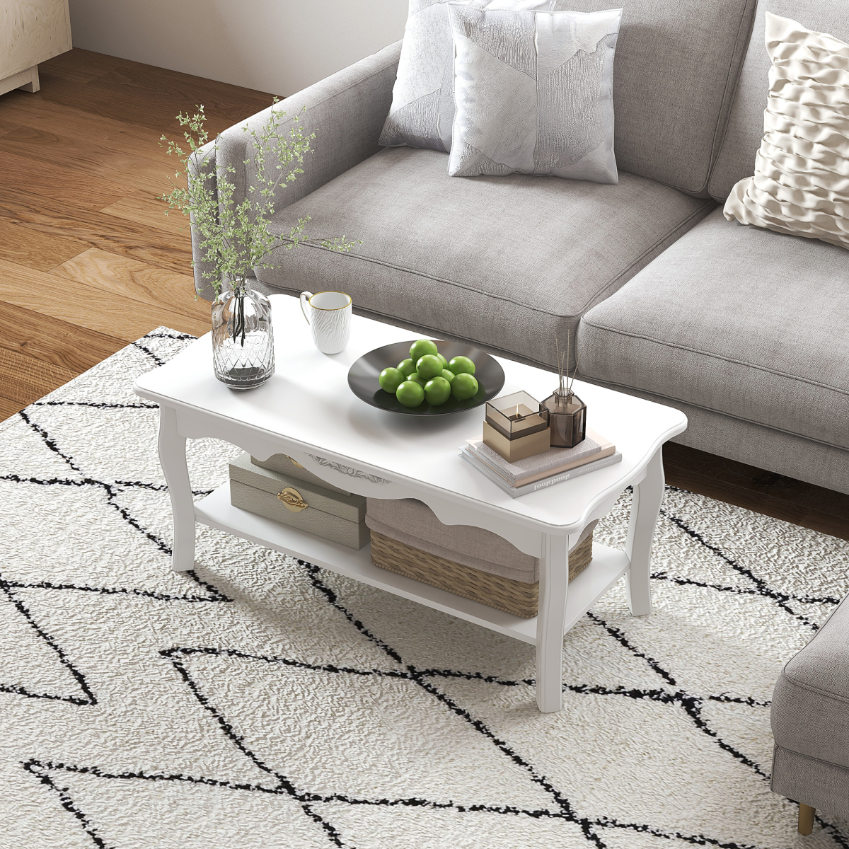 White Finish Coffee Table with Curved Legs & Magazine Shelf