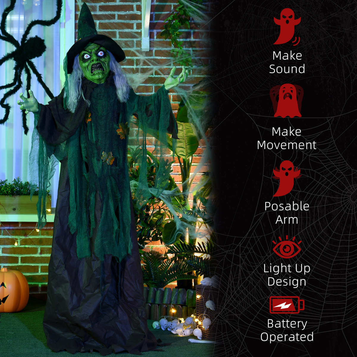 6ft Outdoor Witch Prop with Light-Up Eyes, Waving Arm & Sounds