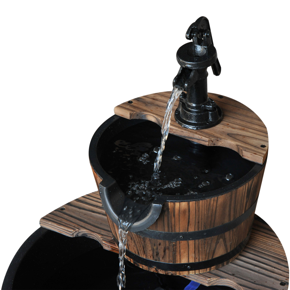 Two-Tier Fir Wood Water Pump Fountain - Steel Accents