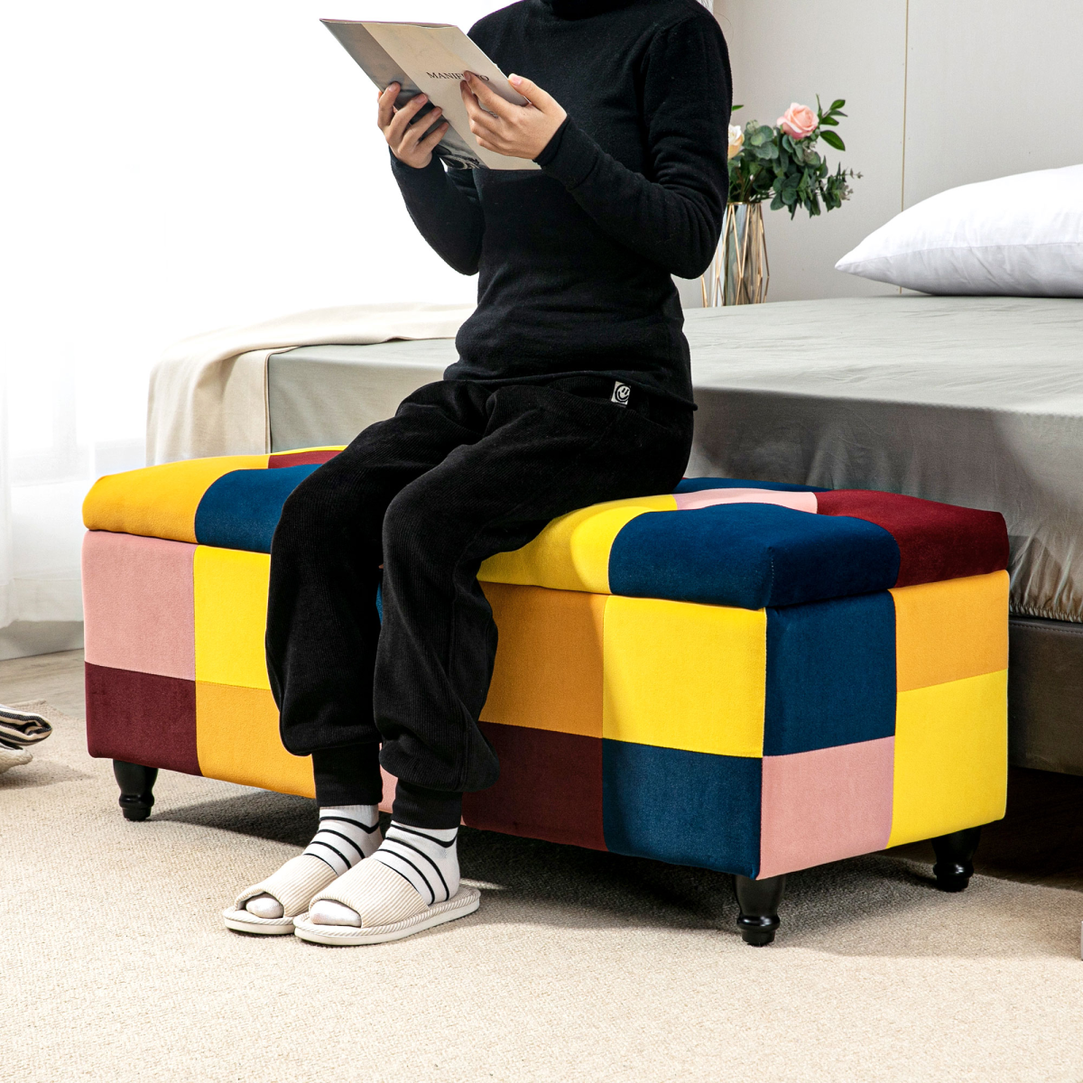 Chic Velvet Storage Ottoman: Stylish Button-Tufted Footstool with Hidden Space