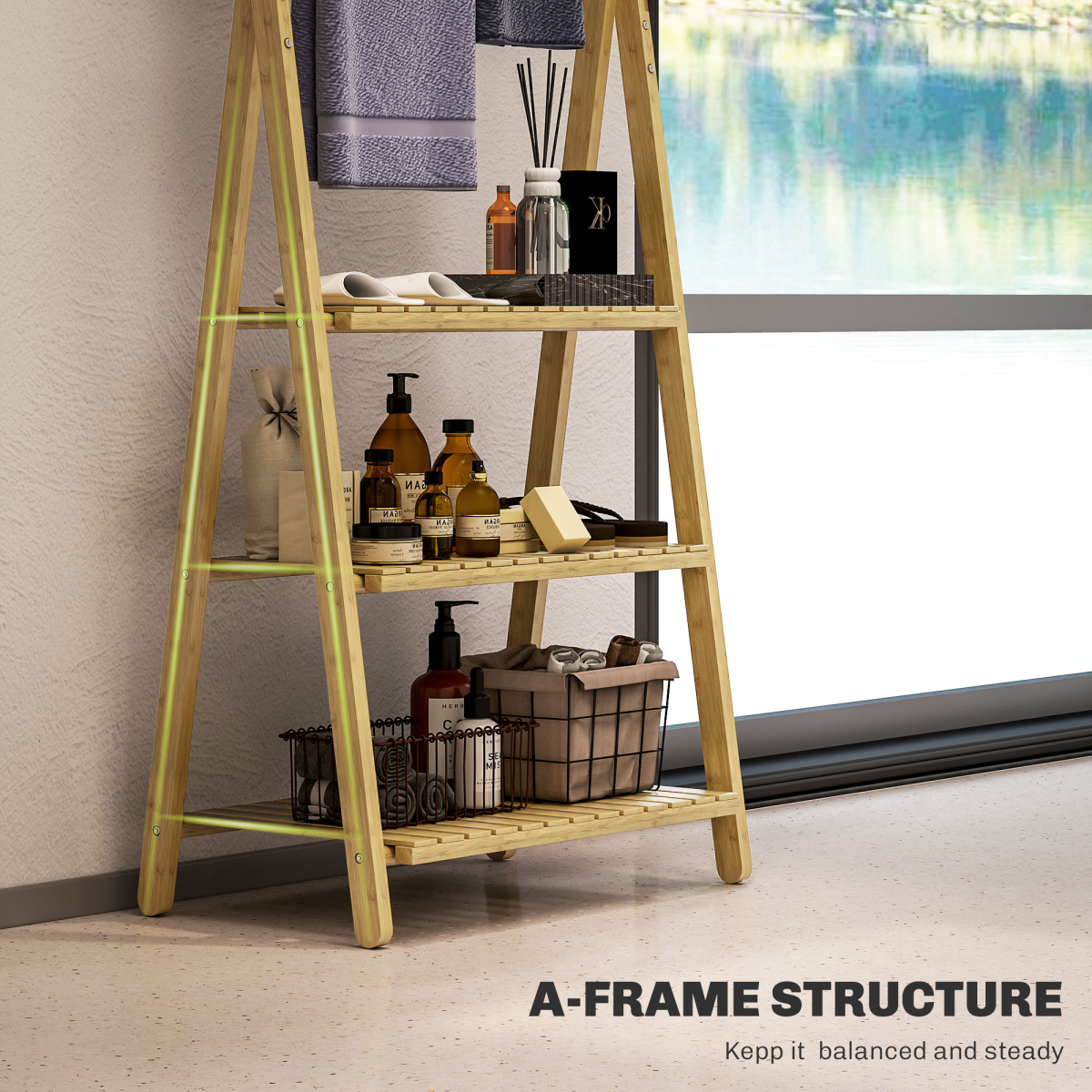 Stylish Bamboo 3-Tier Bathroom Shelf with Towel Bars for Organized Elegance