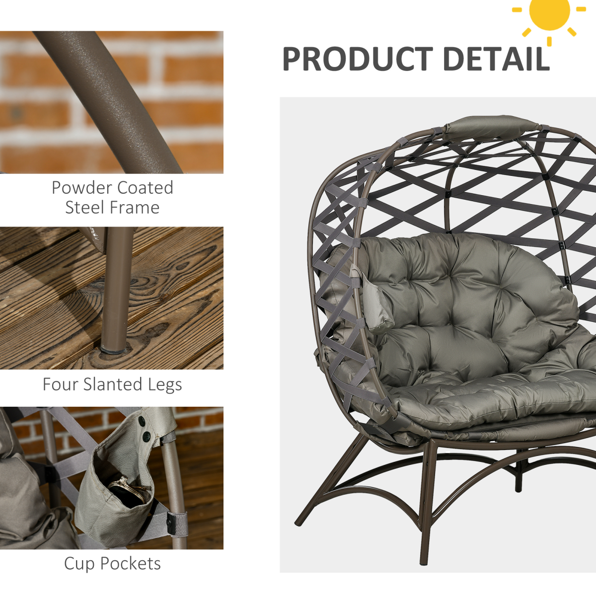 2-Seater Egg Chair with Cushion & Cup Pockets - Sand Brown