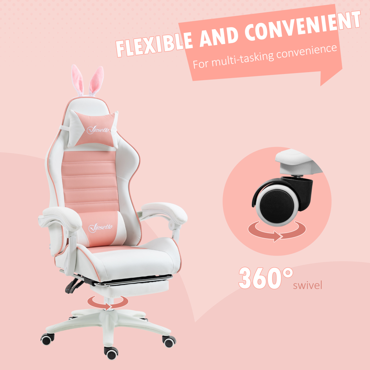 Vinsetto Pink Racing-Style Gaming Chair with Removable Rabbit Ears & Footrest