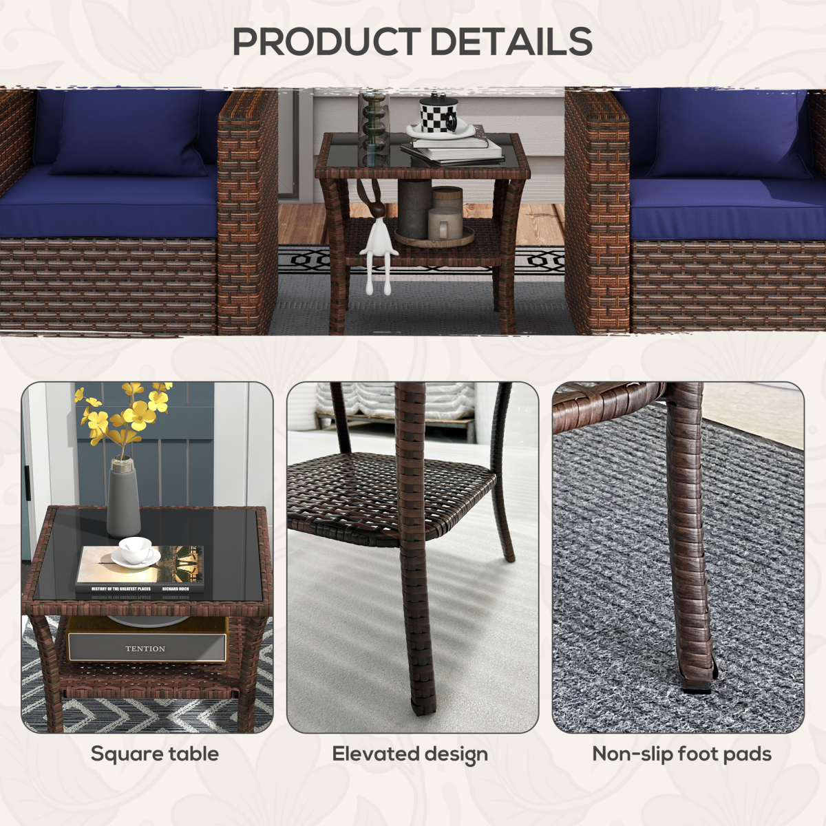 PE Rattan Coffee Table: Two-Tier with Glass Top, Brown