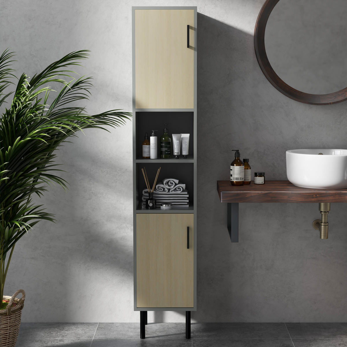 Kleankin Slim Tall Bathroom Cabinet - 2 Cupboards, 2 Shelves, Anti-Tip