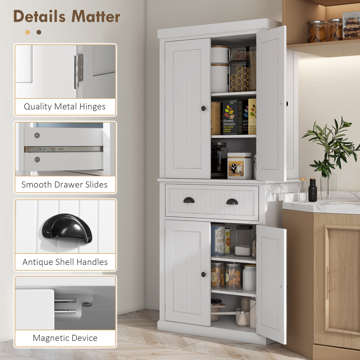 Chic Freestanding Kitchen Storage Cabinet with Adjustable Shelves & Drawers