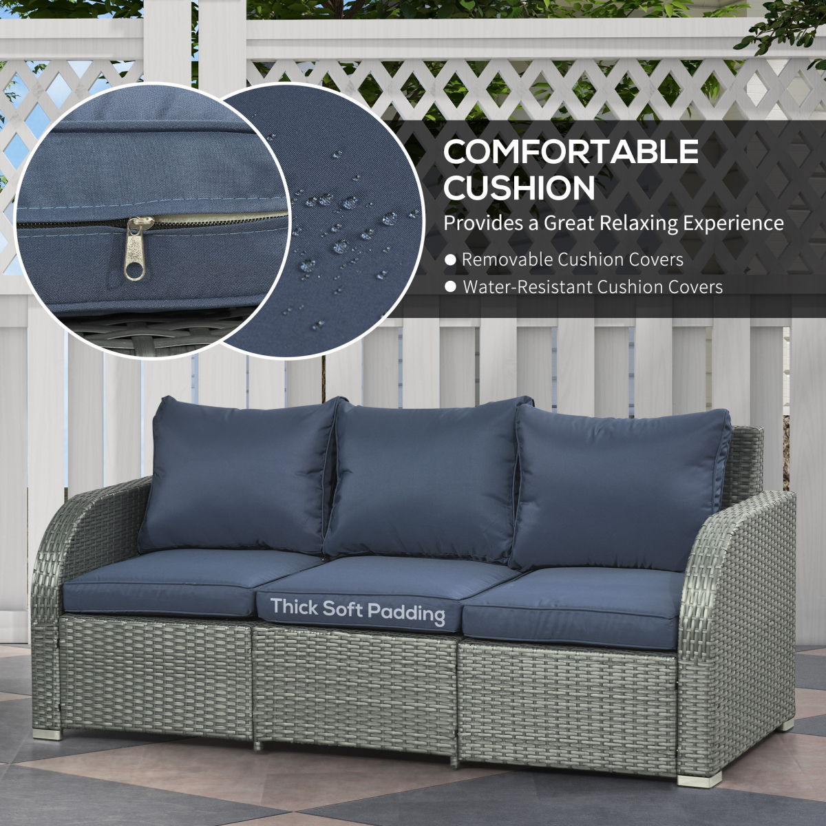 6pc Padded Outdoor Rattan Set: 2 Recliners 3-Seat Sofa Footstools Table