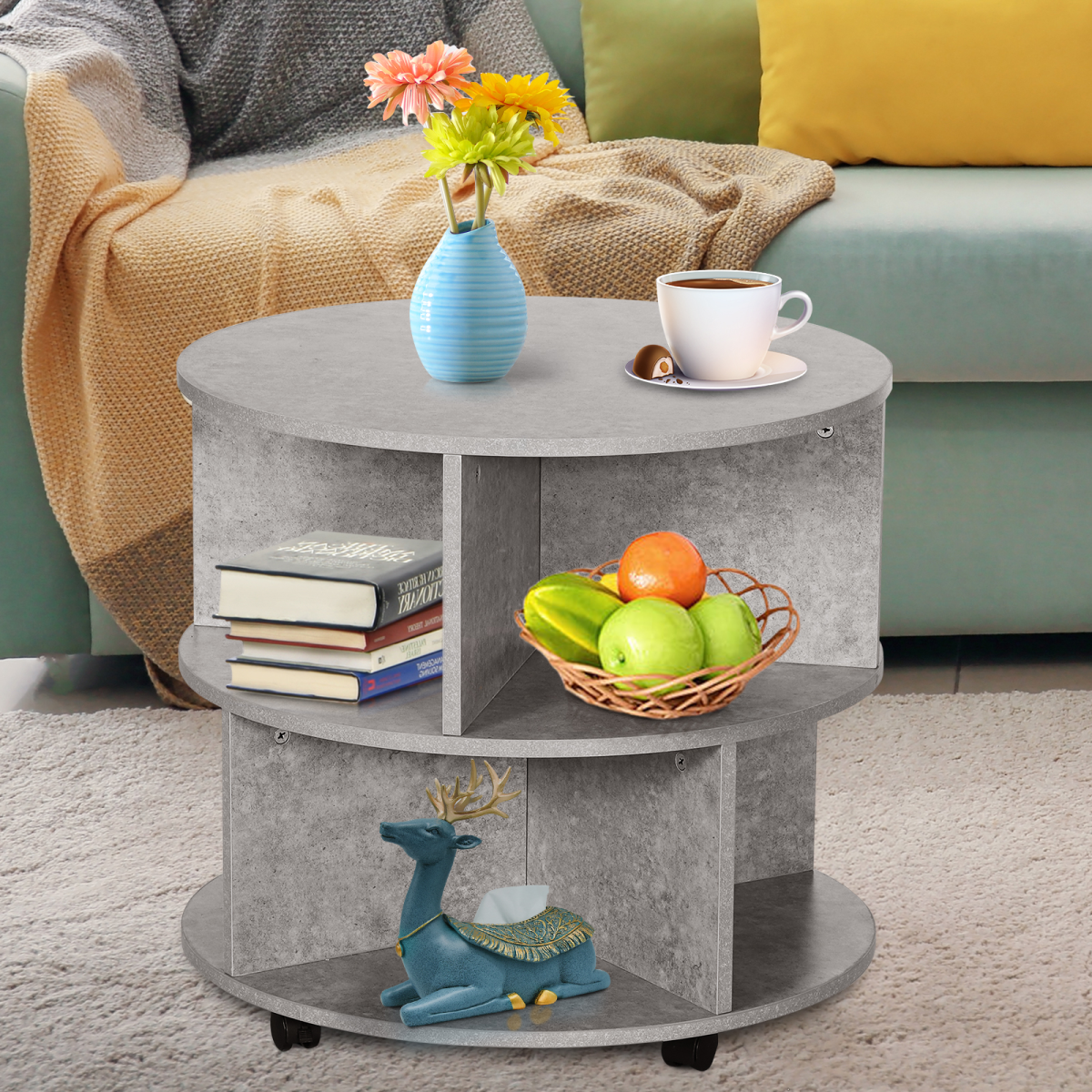 2-Tier Cement Colour Coffee Table 60x39.5 cm with Casters