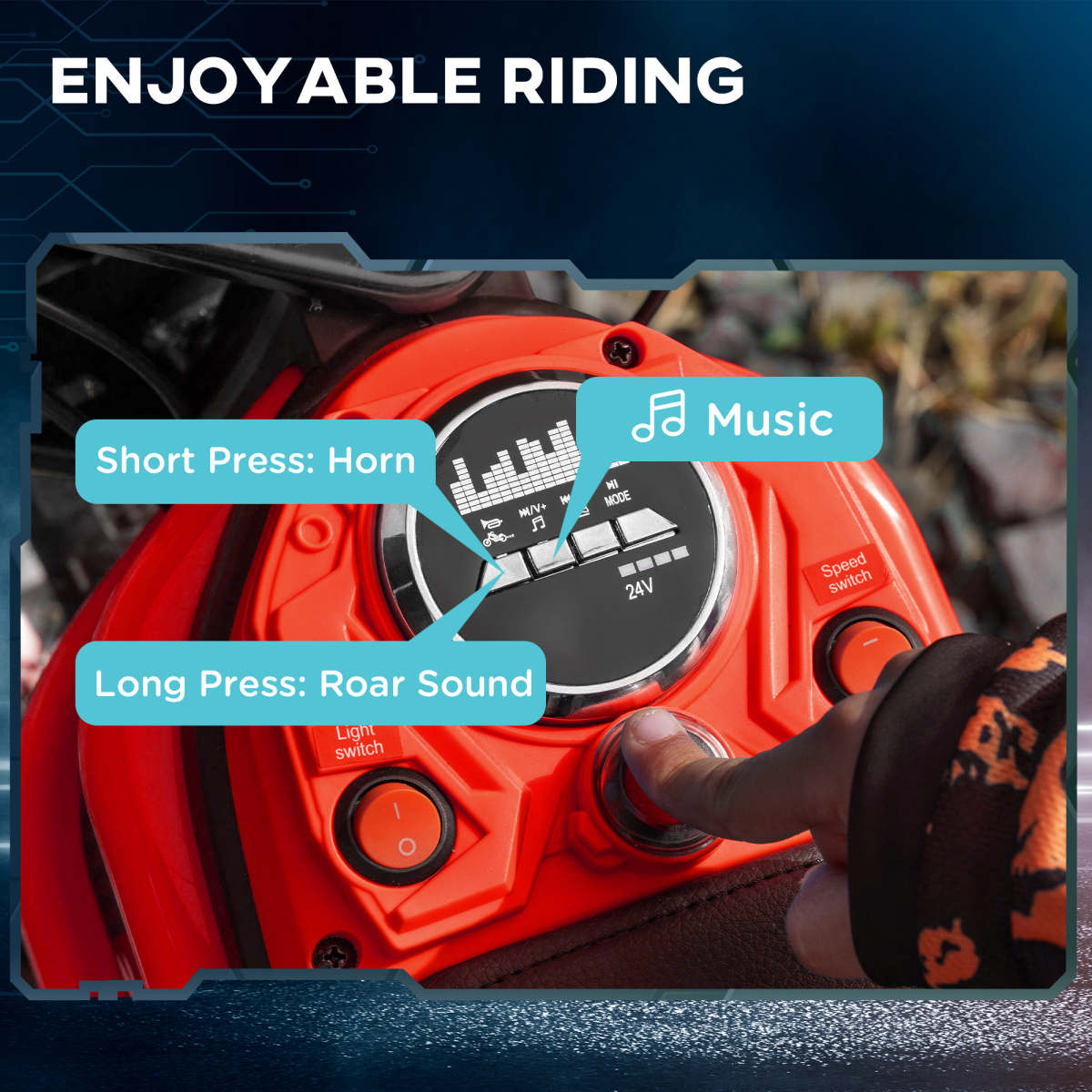 24V Kids Electric Motorbike - Twist Grip, Horn, Music & Lights, Red