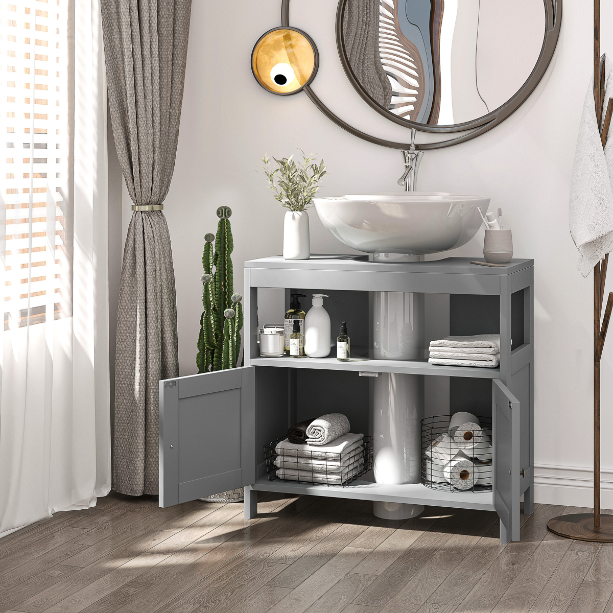 Stylish Grey Bathroom Pedestal Cabinet with U-Cut Storage & Shelves