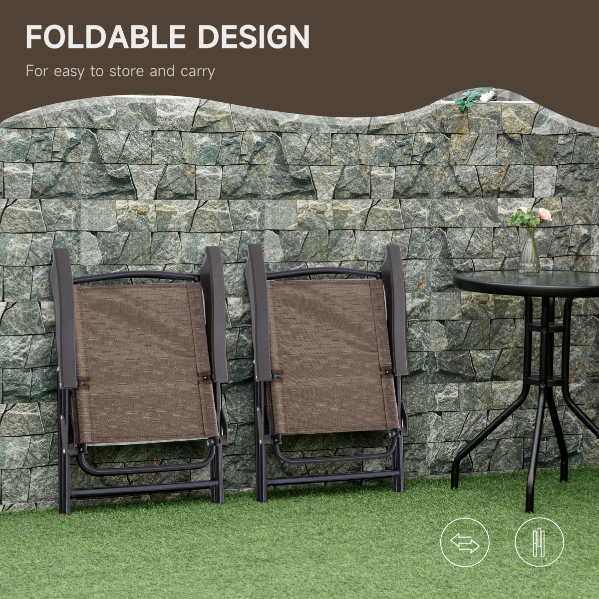 3-Piece Patio Bistro Set: Folding Chairs & Tempered Glass Table, Brown