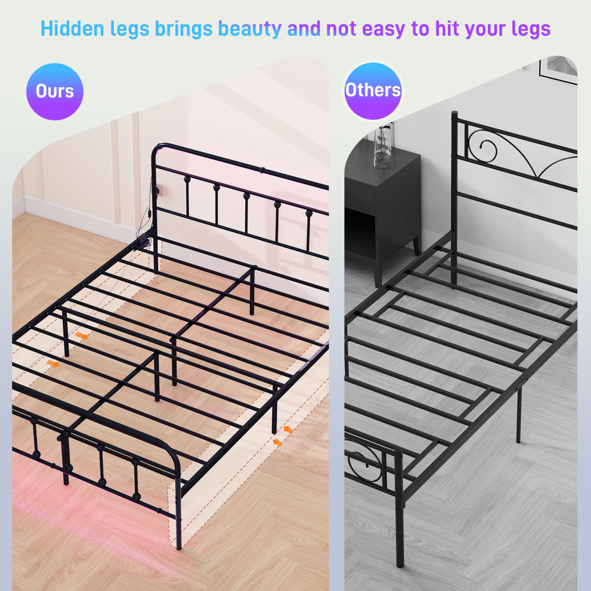 King Bed Frame with RGB LED Lights & Built-In Charging Station