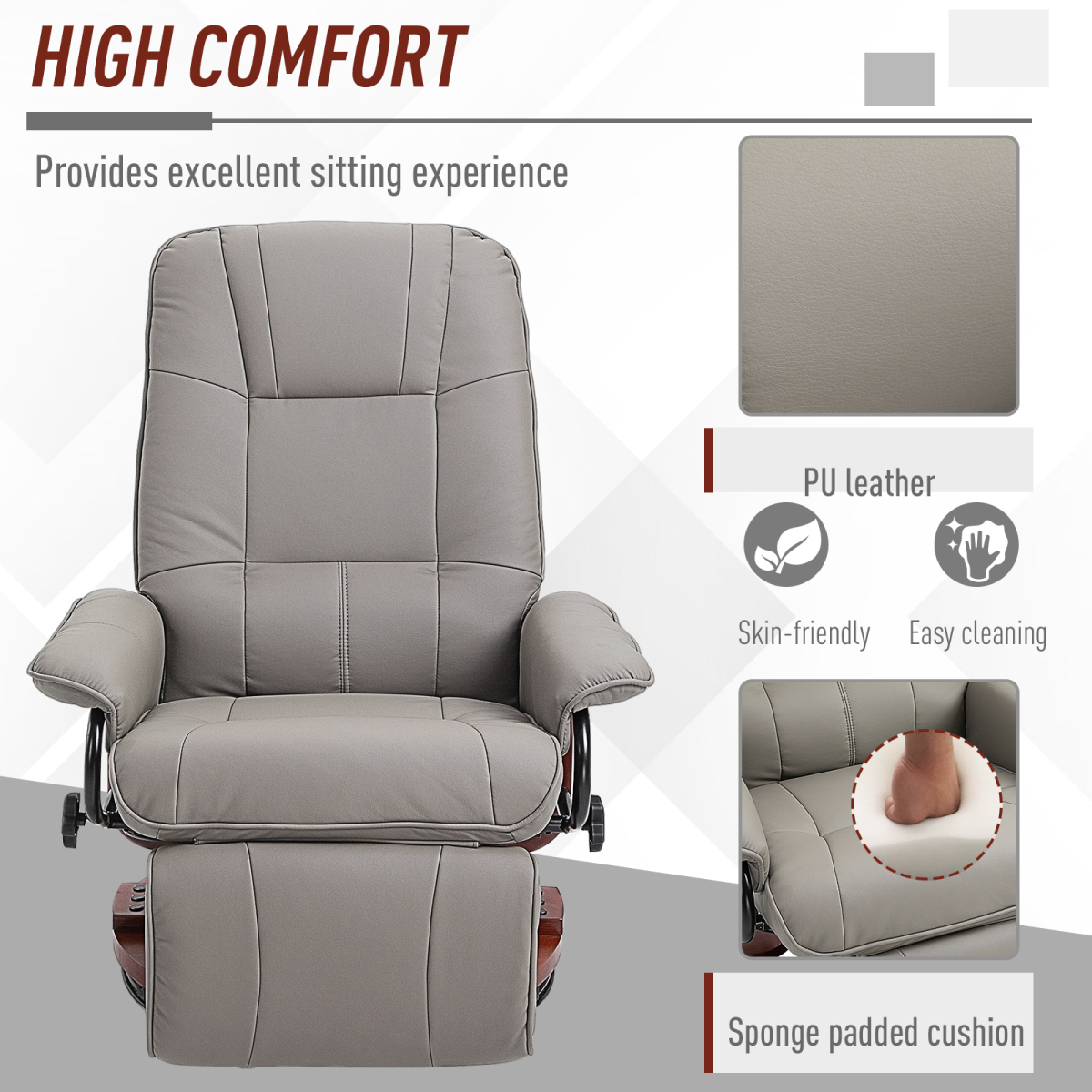 Ergonomic PU Leather Recliner Sofa with Footrest in Grey