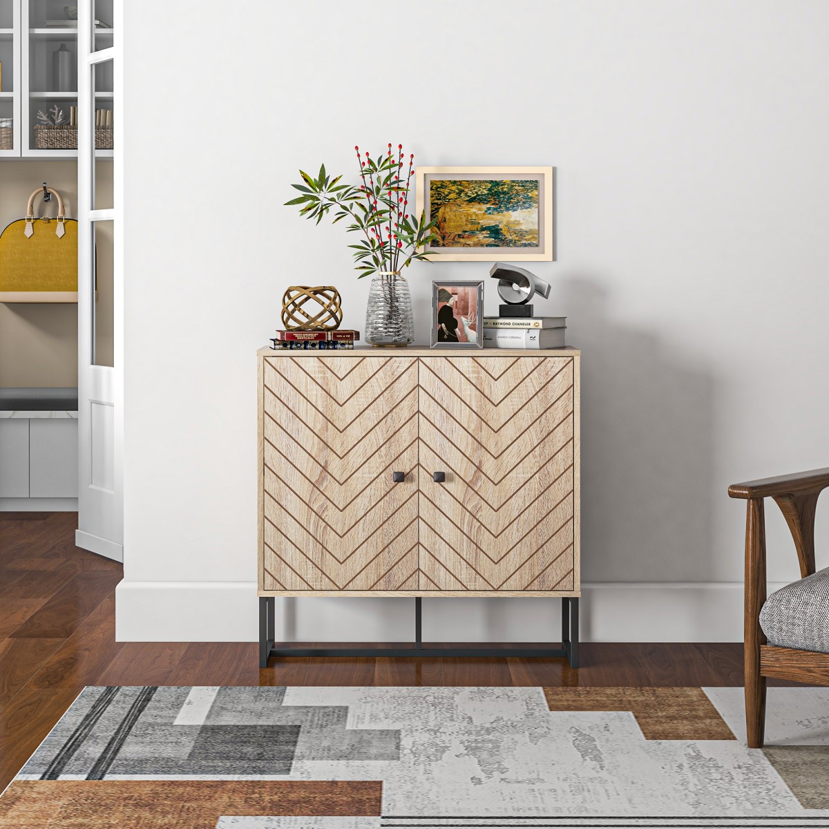 Stylish Embossed Arrow Storage Cabinet with Adjustable Shelf & Metal Base
