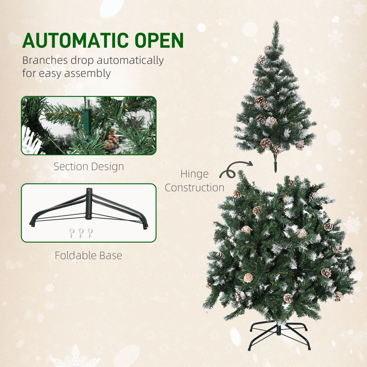 5ft Snow-Flocked Artificial Christmas Tree with Pine Cones, Auto-Open