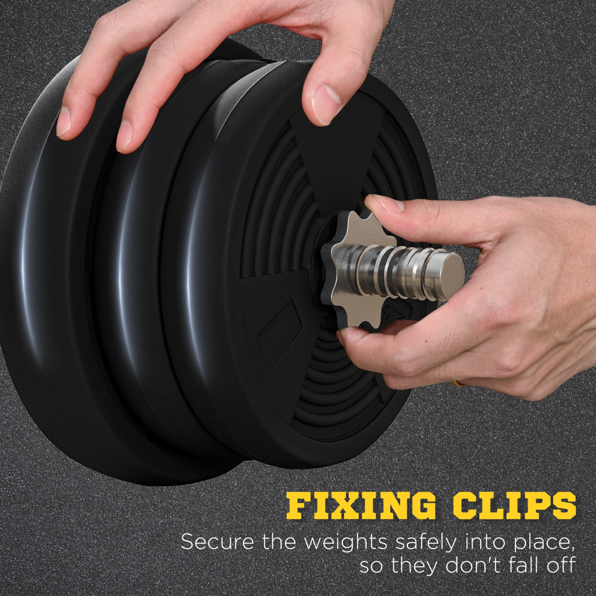 Barbell with black weight plates and additional weight discs