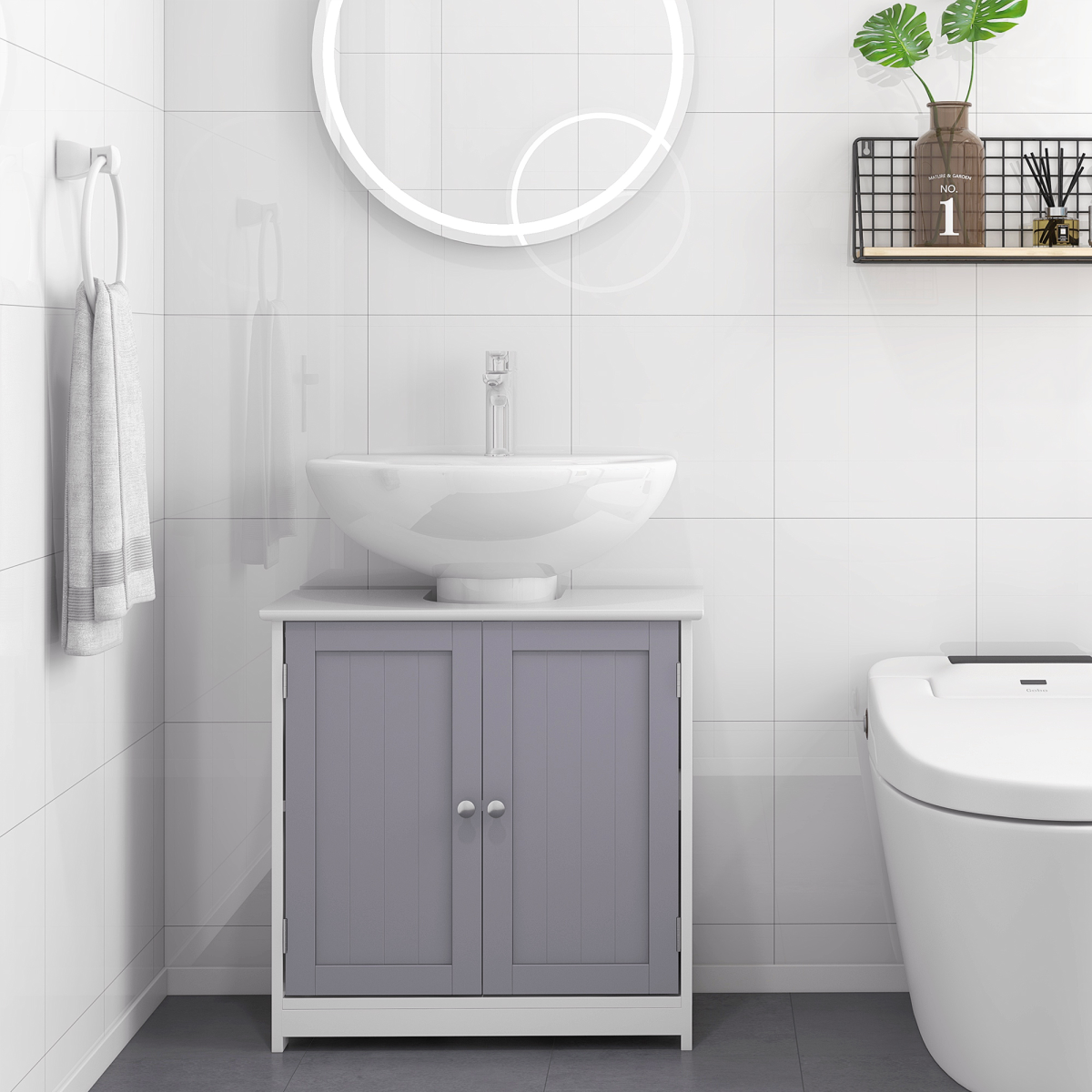 Kleankin 60x60cm Under-Sink Storage Cabinet - Adjustable Grey & White Design