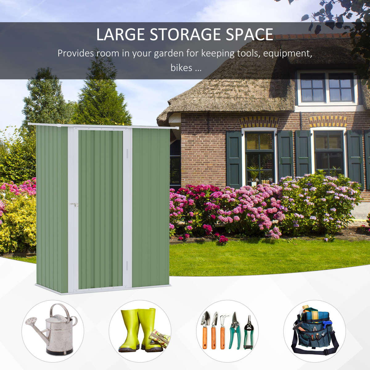 Green Garden Storage Shed with Sloped Roof and Lockable Door