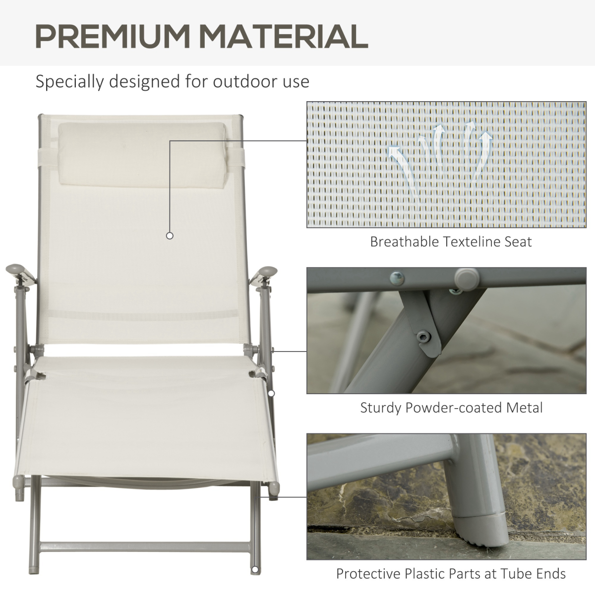 Foldable Sun Lounger Recliner with Padded Seat, 7-Position Back, Texteline White