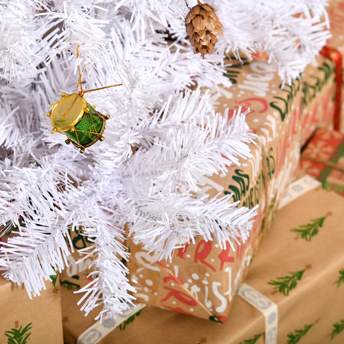 5ft Snow White Artificial Christmas Tree with Metal Stand & Decor Pack