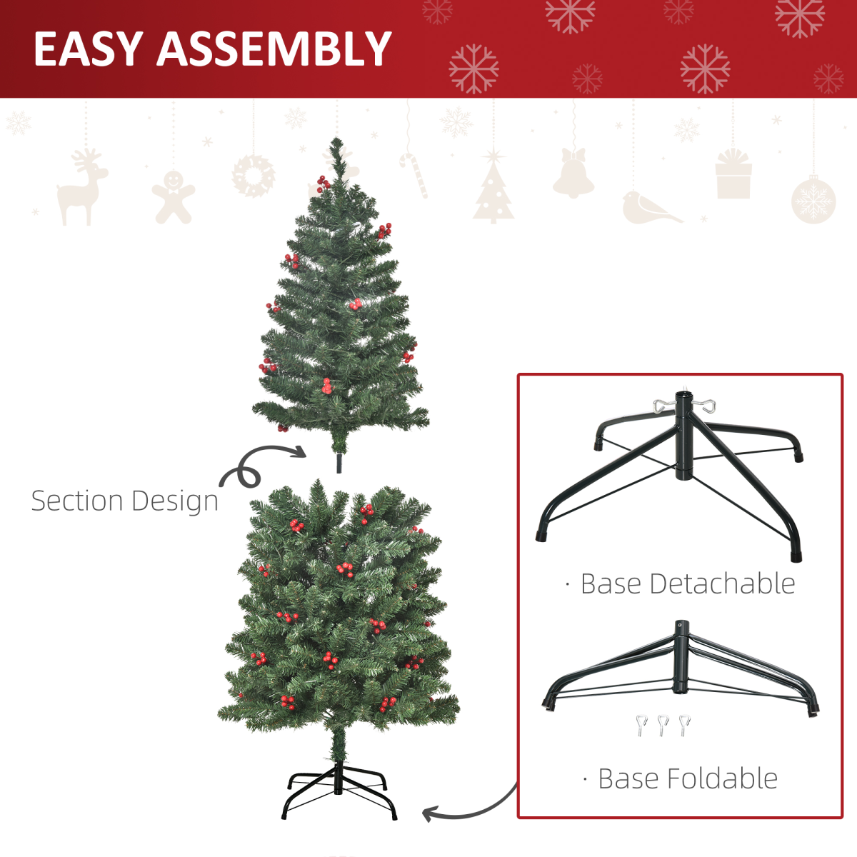 5ft Prelit Pencil Christmas Tree with Warm White LEDs & Red Berry