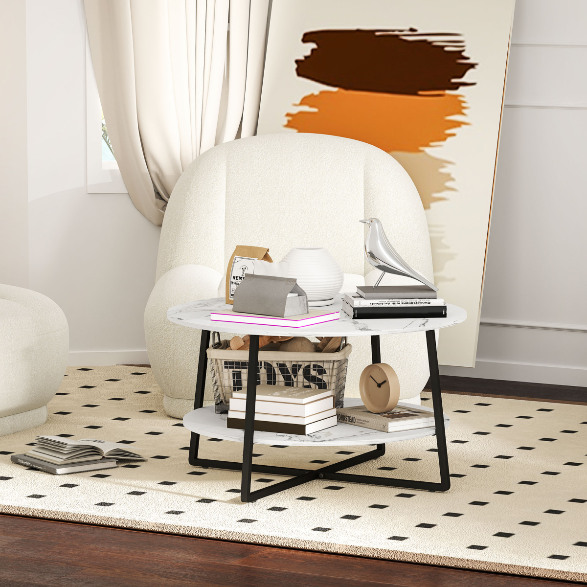 Elegant Round Coffee Table with Storage & Chic Marble Effect Top