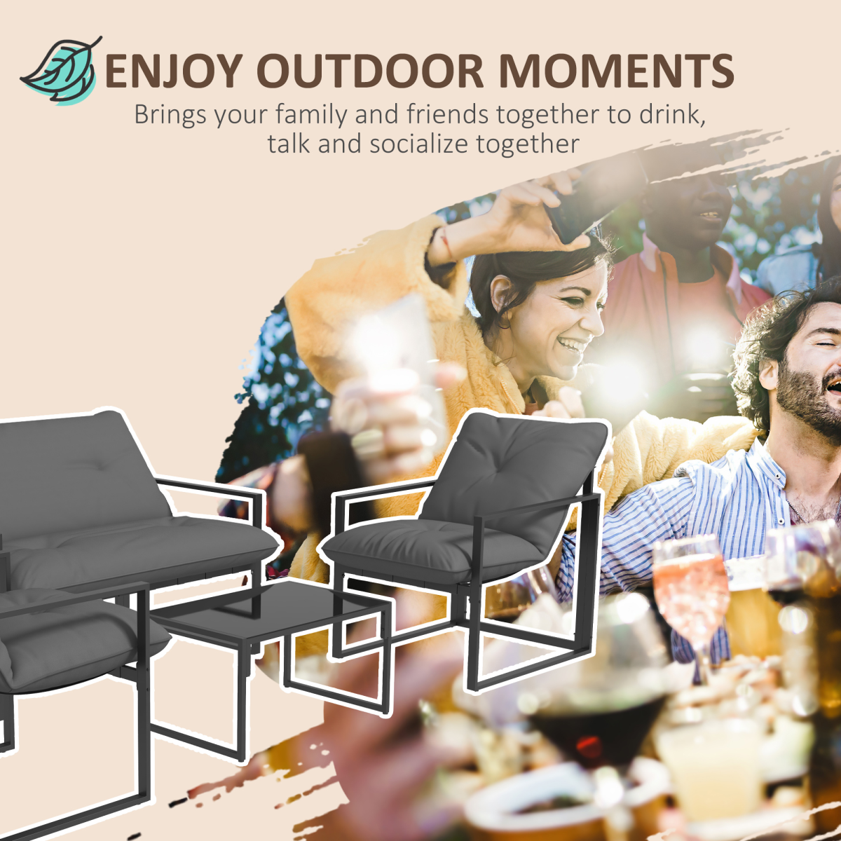 4-Piece Garden Sofa Set with 2 Armchairs, Loveseat & Table - Grey