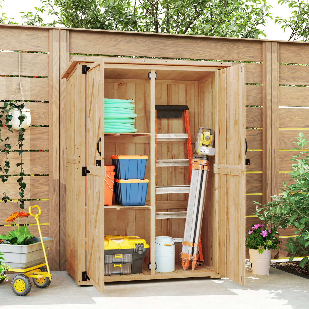 Wood Tool Cabinet with Double Doors - Natural Finish