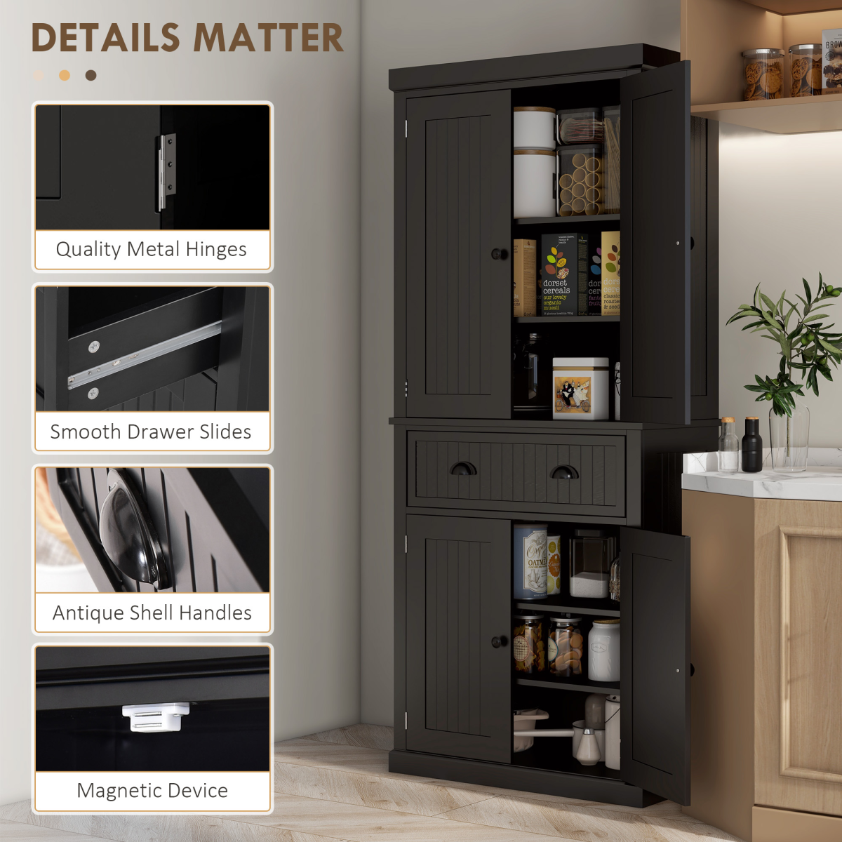 Stylish Black Freestanding Kitchen Storage Cabinet with Drawers & Shelves