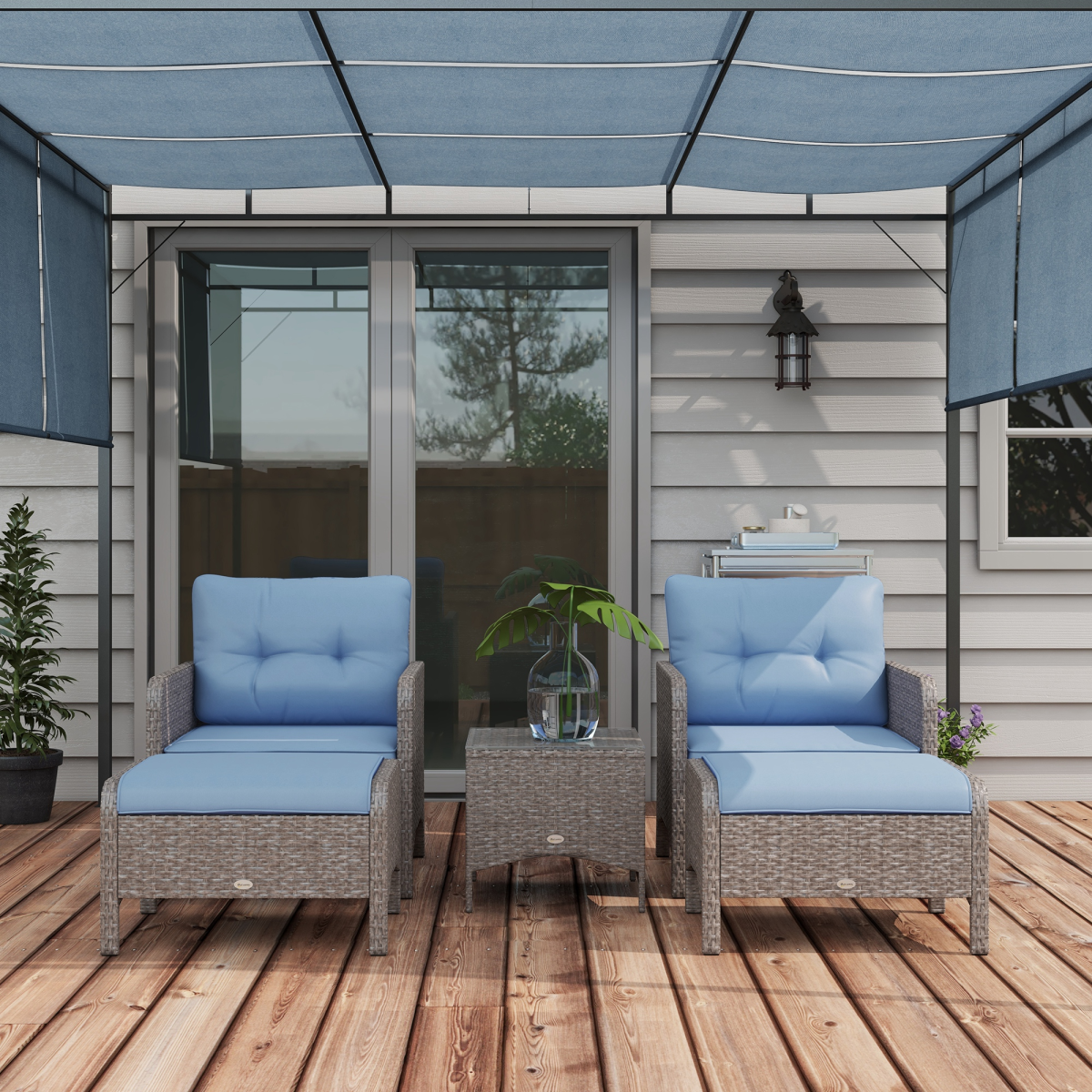5-Piece Wicker Patio Set with Cushions, Blue - Conversation Furniture