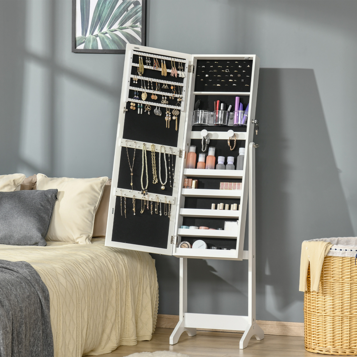 Illuminate & Organize: LED Mirrored Jewelry Cabinet with Lock & Ample Storage