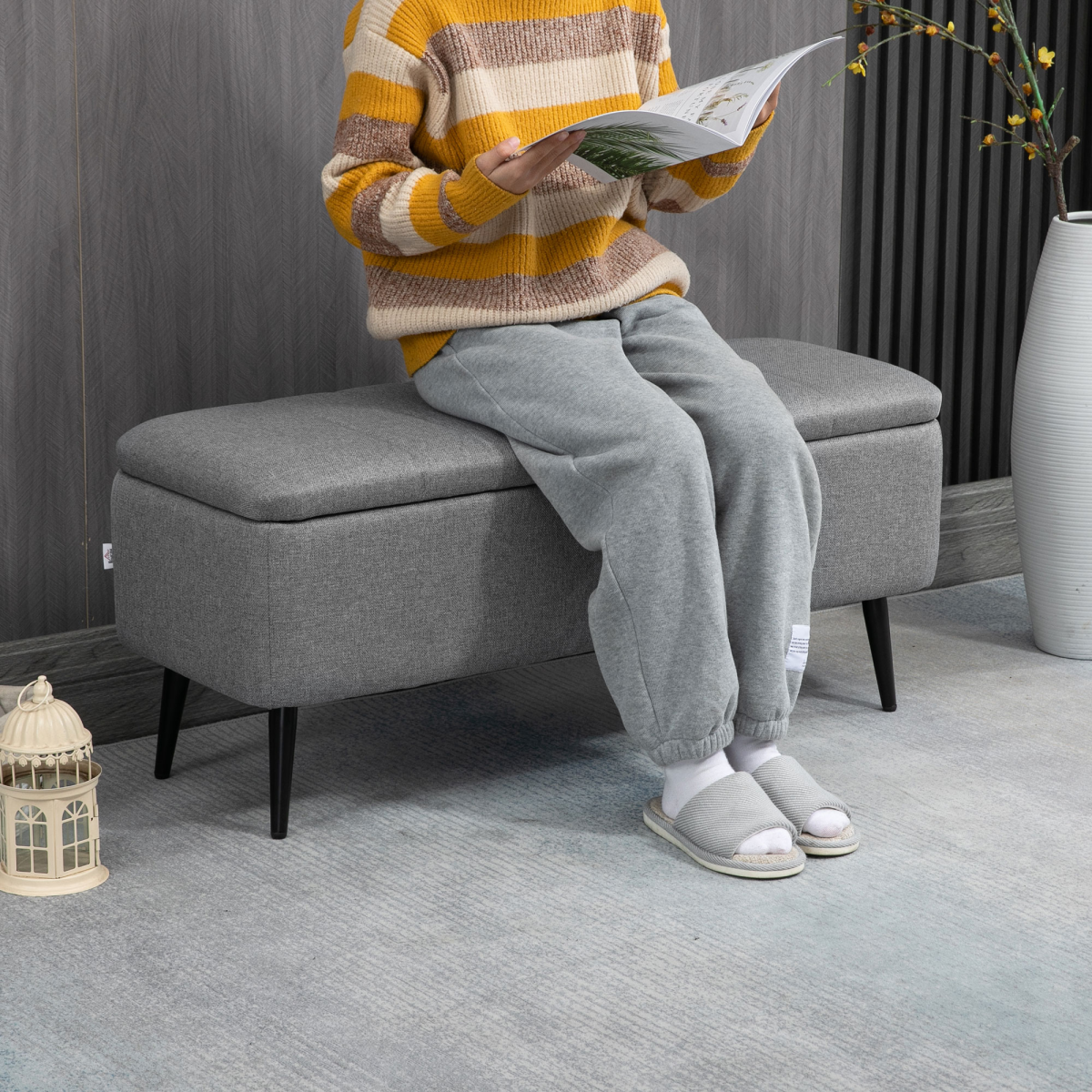 Grey Linen Storage Ottoman Bench – Stylish & Versatile Footstool with Steel Legs