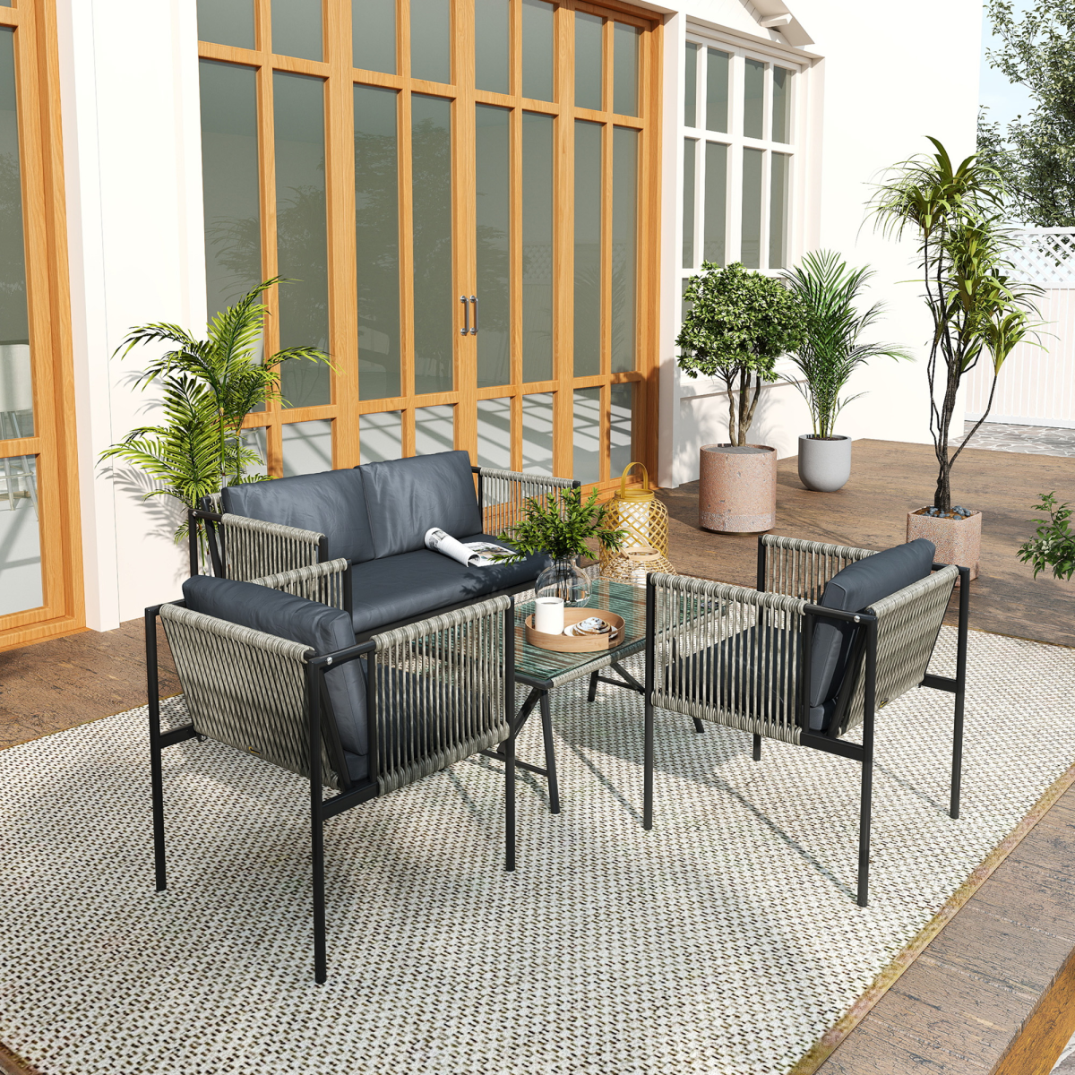 4-Piece Grey Wicker Outdoor Furniture Set with Glass Top Table