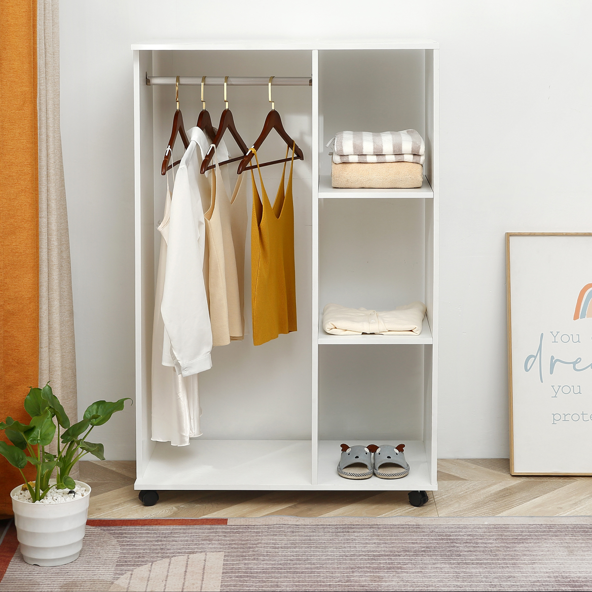 Versatile White Storage Wardrobe with Shelves & Wheels for Easy Organization