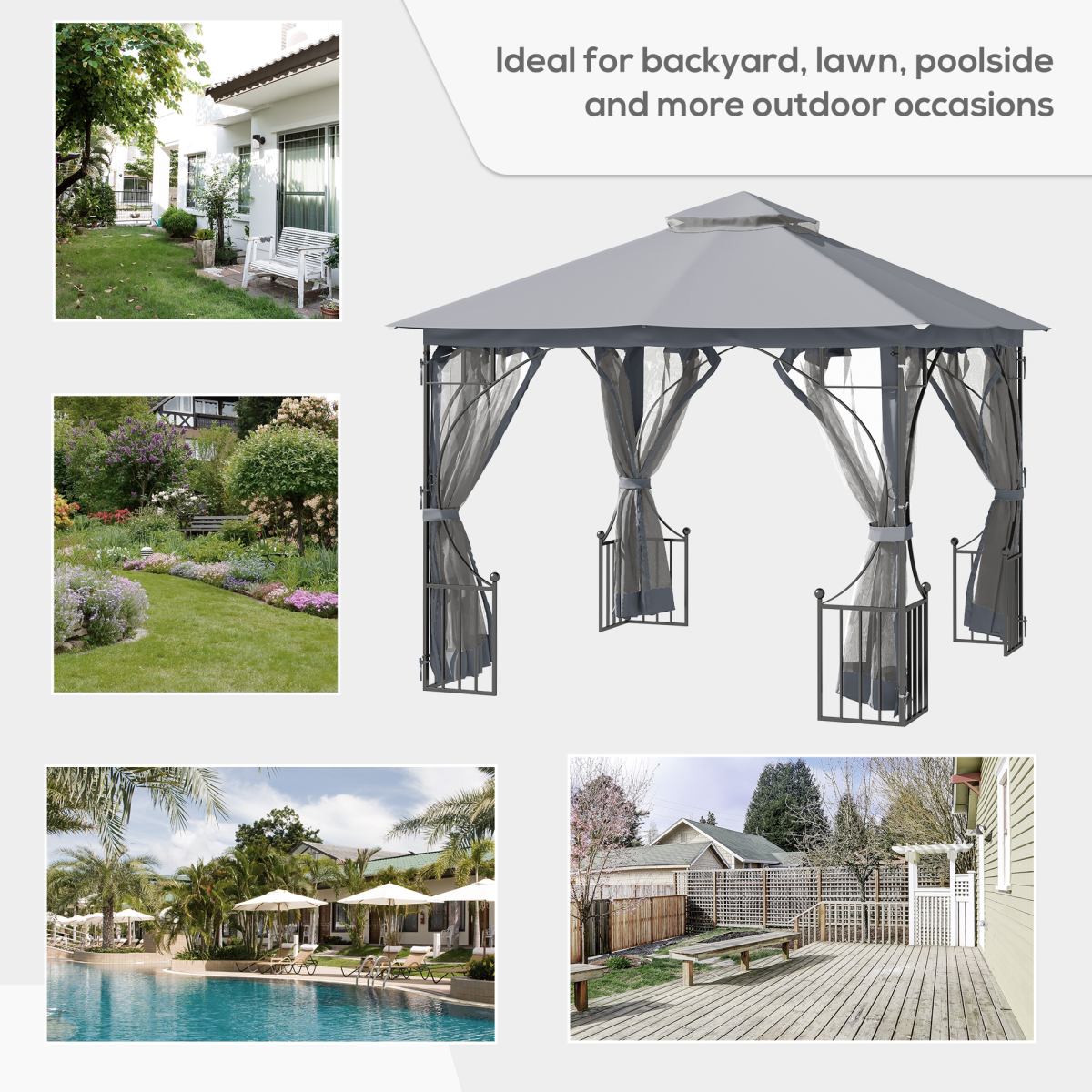 3x3m Gazebo with Mesh Sides, Sun Shade & Privacy Screen